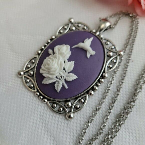 Purple Hummingbird Rose Victorian Cameo Necklace VALENTINES DAY GIFT MOM WIFE - Picture 4 of 5